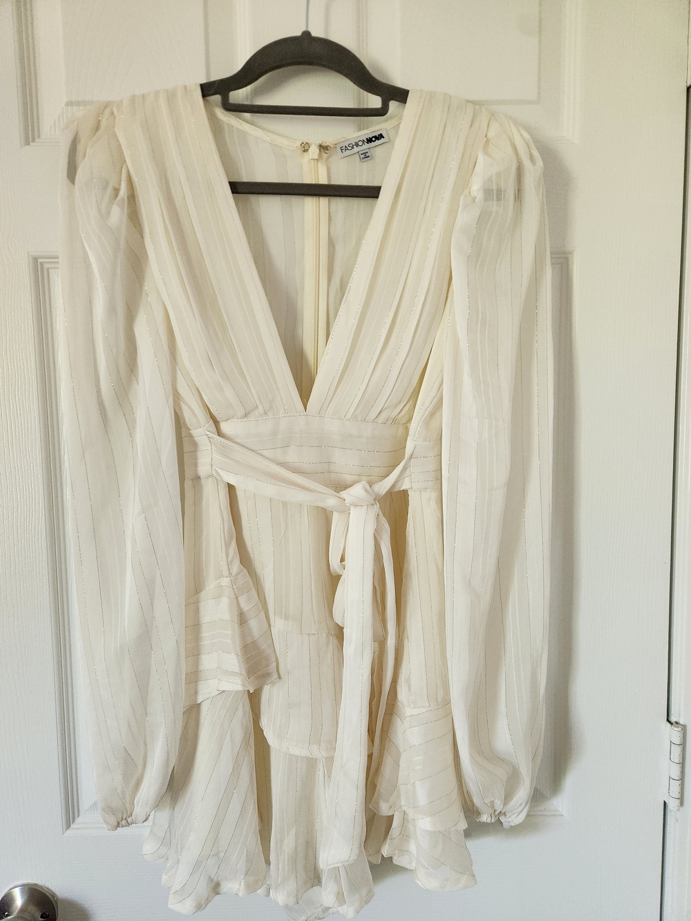 Fashion Nova Cream Sheer Long-Sleeve Ruffle Romper